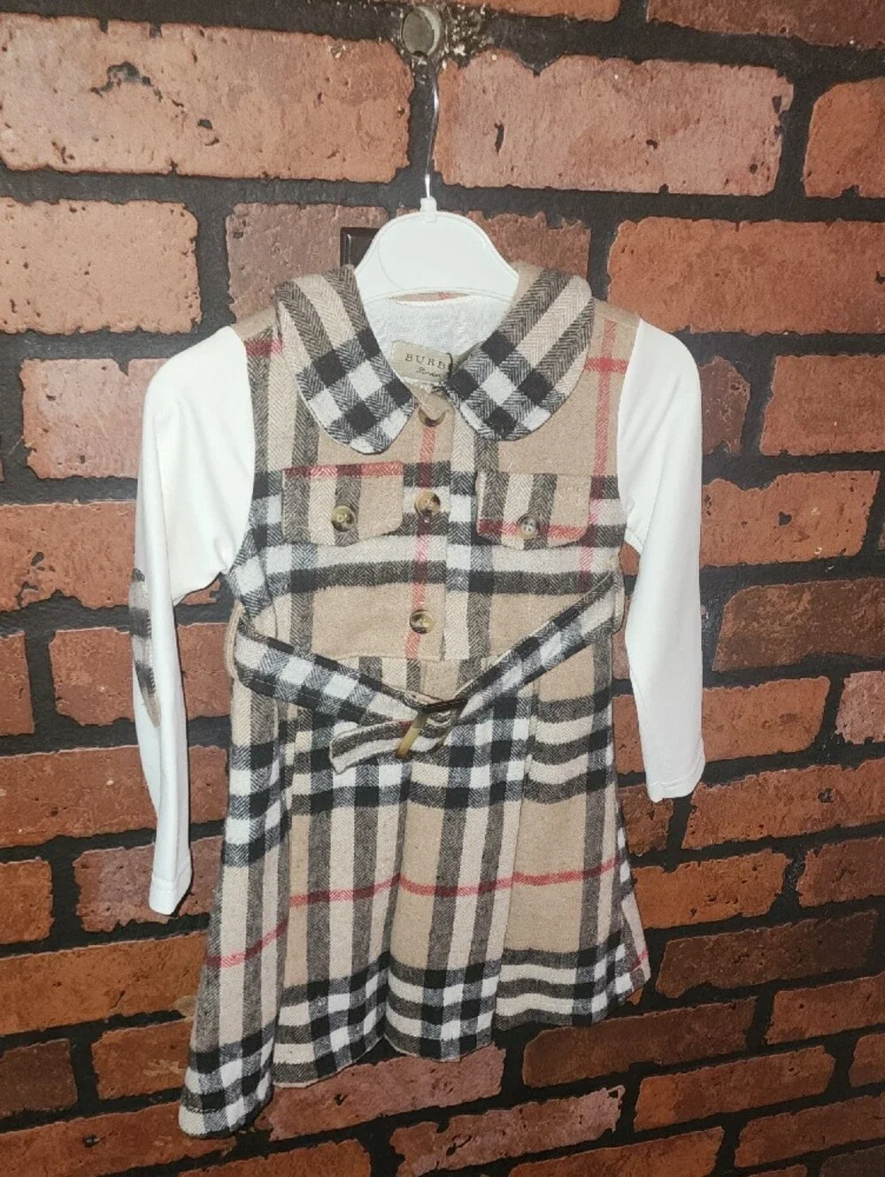 Girls Beige Plaid Dress with White Long Sleeves